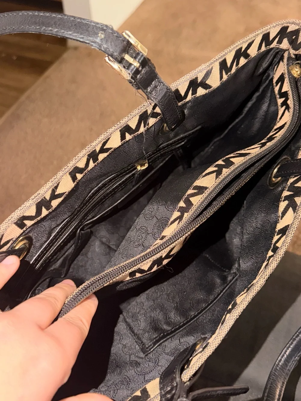 Michael Kors Black & Beige MK Logo Tote with Gold Accent